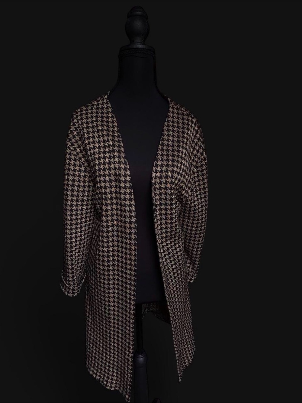 Houndstooth Open-Front Women's Cardigan Sweater - Gold/Black